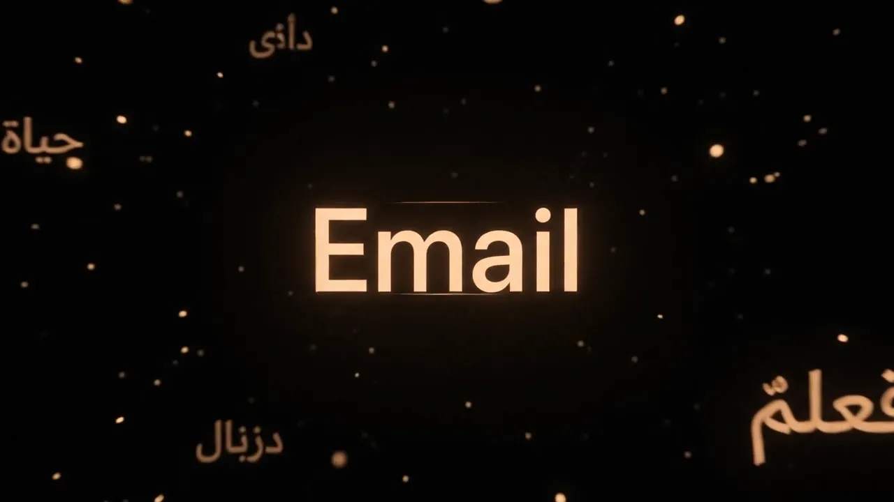 The word Email surrounded by glowing Arabic words for education, work and life.