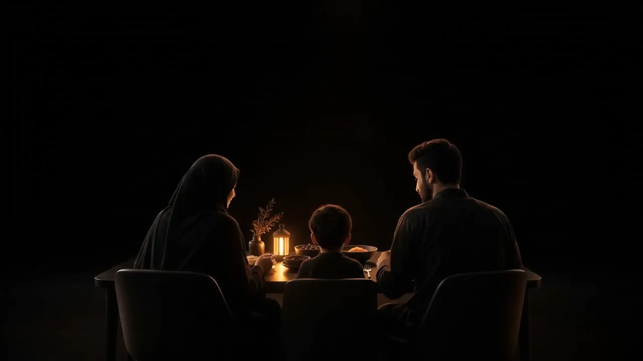 A family sitting together at a candlelit table in warm, muted light.
